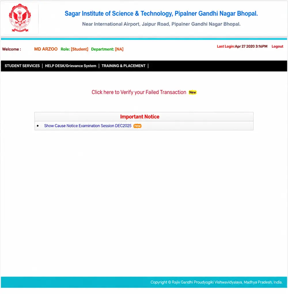 RGPV Student Login page