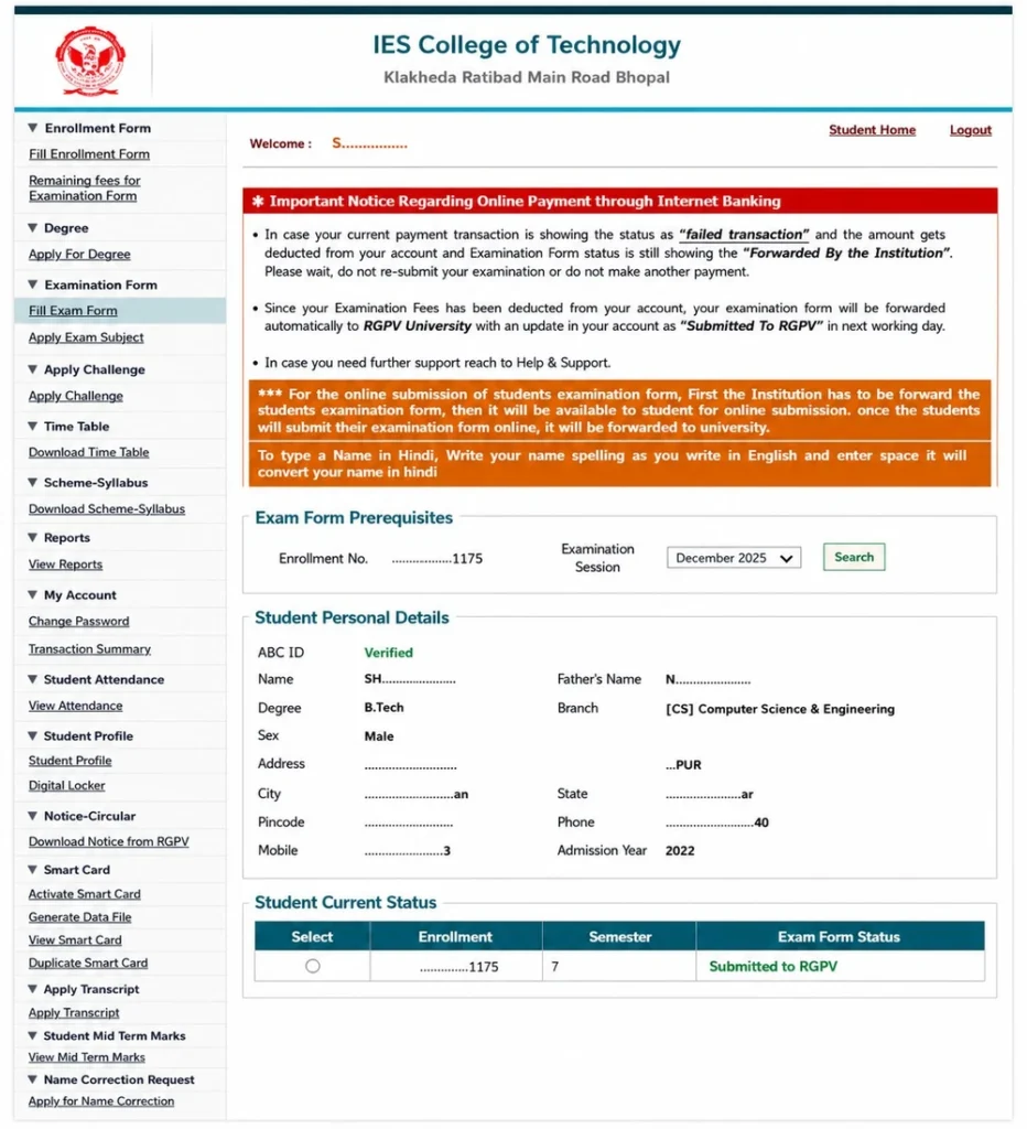 Submitted to RGPV Status after Exam Fee Payment