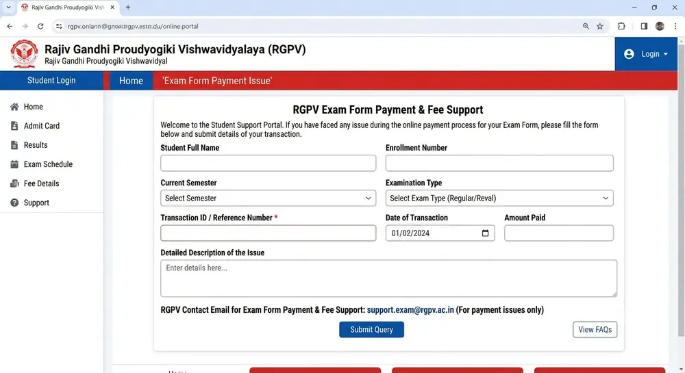 RGPV Contact Email for Exam Form Payment Issue