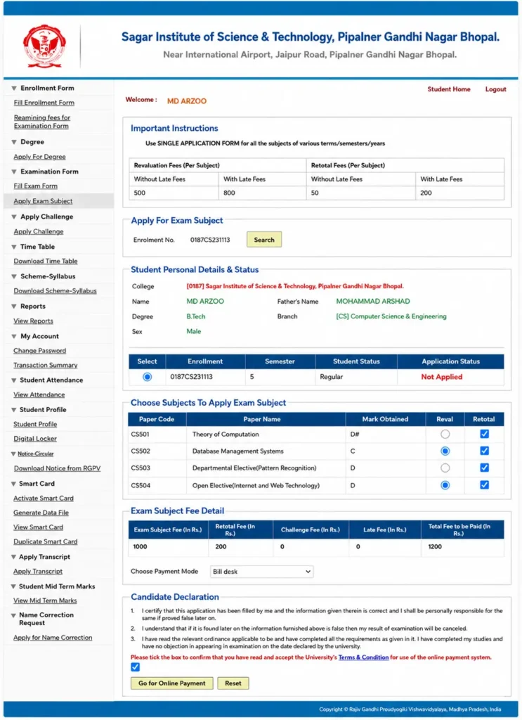 RGPV Exam Subjects and Online Payment Page