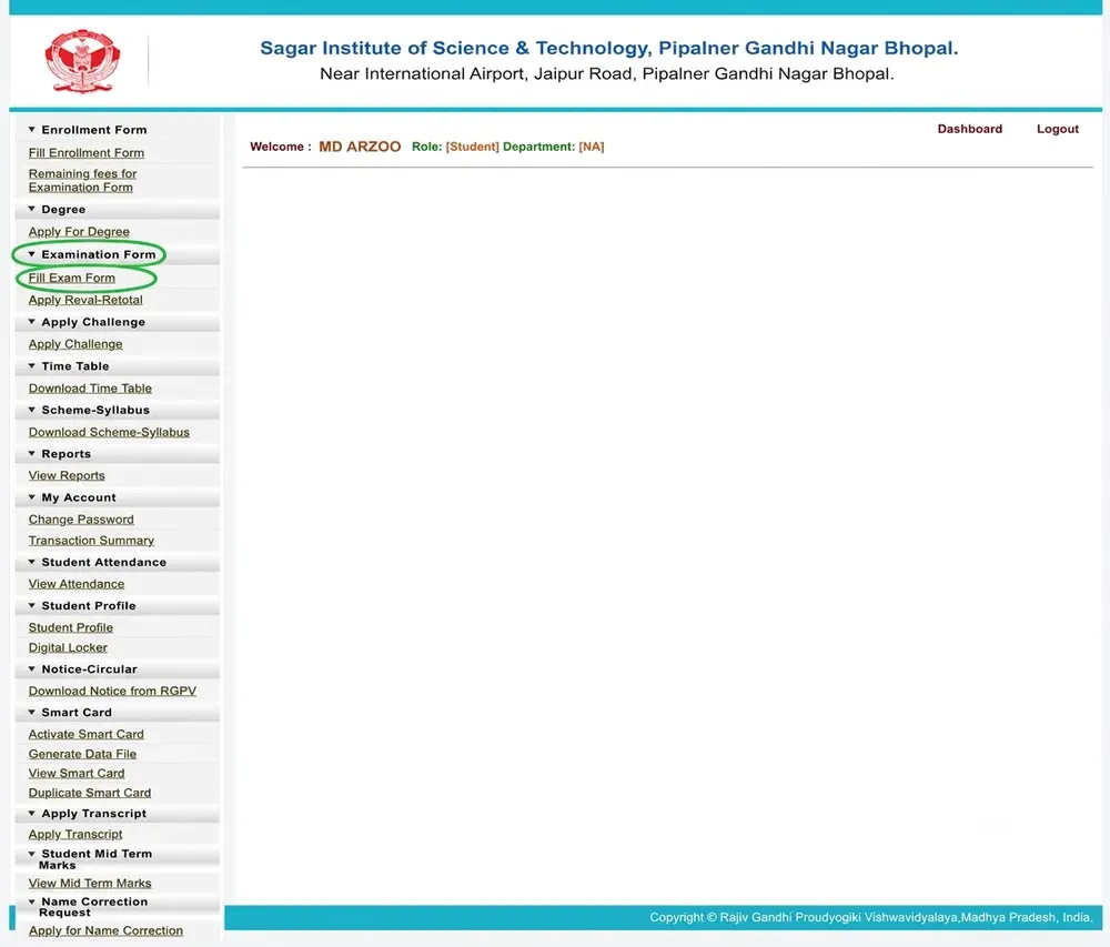 RGPV Examination Form fill page