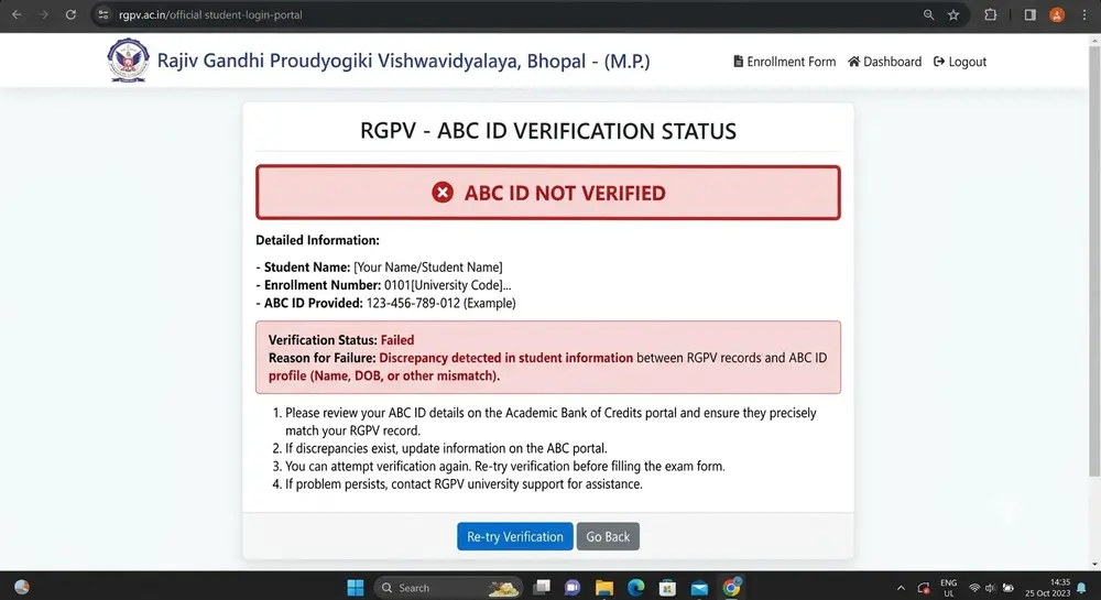 ABC ID Not Verified while filling RGPV Exam Form