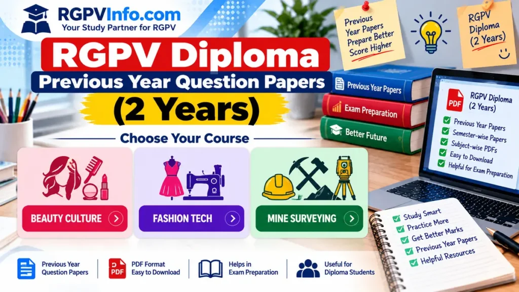 RGPV Diploma 2-year previous year question papers for Beauty Culture, Fashion Tech, and Mine Surveying.