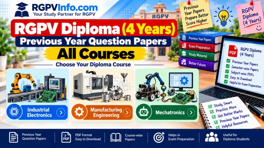 RGPV Diploma 4-year previous year question papers for Industrial Electronics, Manufacturing Engineering, and Mechatronics.