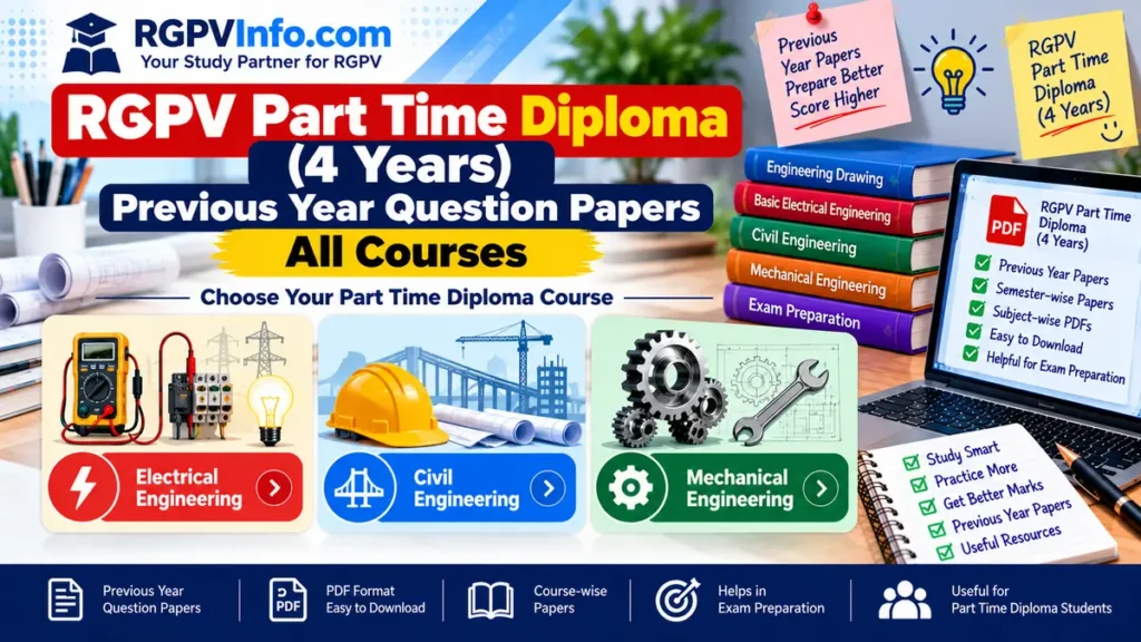 RGPV Part Time Diploma 4-year previous year question papers for Electrical, Civil, and Mechanical Engineering.